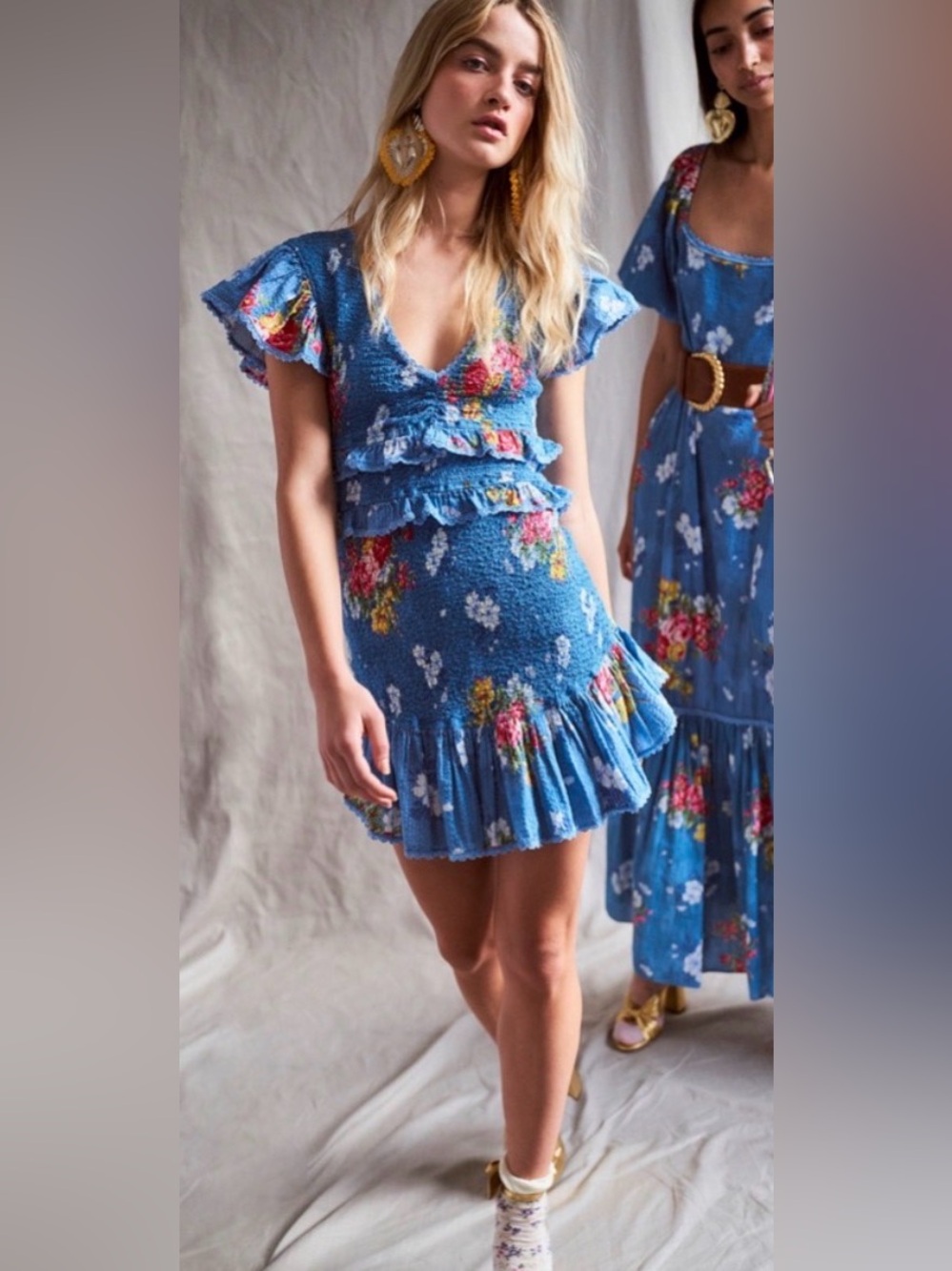 EUC: LoveShackFancy Senora Smocked Blue Floral Ruffle-Trim Mini Dress, sz Sm